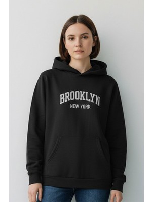 Evavi Kadın Siyah Brooklyn New York Baskılı Kapüşonlu Sweatshirt