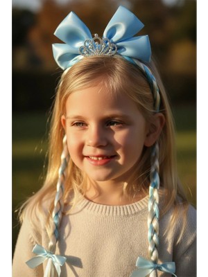 Mavi Renk Kurdele Figürlü Örgü Detaylı Çocuk Taç - Şık Kız Çocuk Saç Aksesuarı
