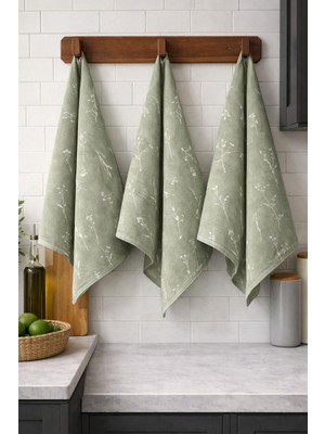 Ege Cotton 3’lü Set Yeşil Desenli Keten Mutfak Havlusu 60X65 cm | Doğal Şık Kurulama Bezi Ekstra Büyük