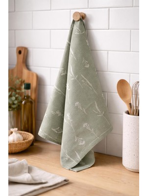 Ege Cotton 2’li Set Yeşil Desenli Keten Mutfak Havlusu 60X65 cm | Doğal Şık Kurulama Bezi Ekstra Büyük