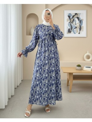 Modamorfo Yarım Düğmeli Beli Bağcıklı Desenli Elbise  -Indigo