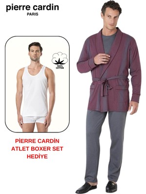 Pierre Cardin Premium Erkek 3'lü %100 Pamuklu Uzun Kollu Pijama Takım Çizgili Robdöşambırlı Damat Çeyiz Seti Atlet Boxer Hediyeli