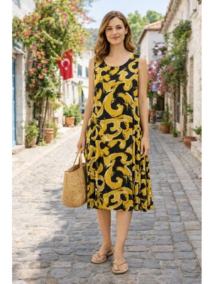 Evora Studio Dokuma Viskon Kolsuz Salaş Elbise – Altı Düz Yazlık Kadın Elbise