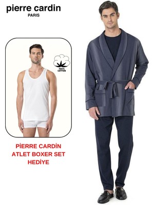 Pierre Cardin Premium Erkek 3'lü %100 Pamuklu Uzun Kollu Pijama Takım Çizgili Robdöşambırlı Damat Çeyiz Seti Atlet Boxer Hediyeli