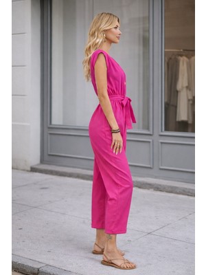 Keten Kadın V Yaka Tek Sıra Düğmeli Kolsuz Fuşya Tulum