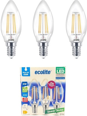 4W LED Filament Mum Ampul, E14 Duy, 6500K Beyaz Işık, 470 Lümen, Şeffaf Cam, Akkor Görünümlü Dekoratif Lamba, 3'lü Paket (Beyaz)