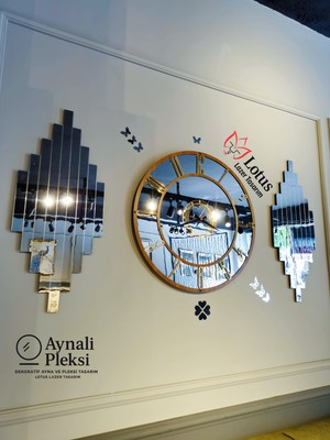 Aynalı Pleksi Duvar Saati Seti – 50 cm Saat (Ceviz Çerçeve & Rakamlar) + 2’li 70×30 cm Gümüş Tablo