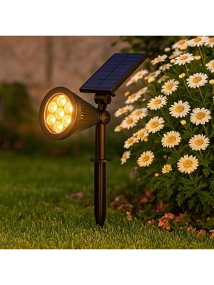 Solar LED Bahçe Armatürü Amber Işık – Güneş Enerjili Kazıklı & Duvar Montajlı Çim Aydınlatma Lambası – 7 Led, IP65, 90 Lümen, 140X270X95 mm
