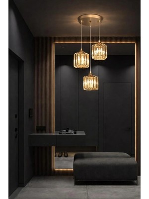 Aura Lighting Aura Lıghtıng Gold Şeffaf Tabut Cam Taşlı 3'lü Sarkıt Modern Salon/mutfak/antre/oda Avizesi