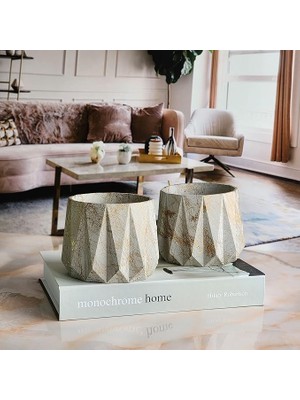 Yapımı,dekoratif Lüx Saksı,orta Boy Ikili Set, Dekoratif Mermer Desenli Beton Saksı 2 Adet, Ev ve Ofis Saksısı