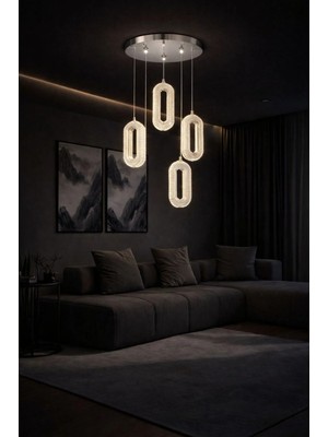 Aura Lighting Aura Lıghtıng Krom 4'lü Elips Sarkıt 3 Renk LED Modern Salon/antre/oda Avizesi(Beyaz Sarı Günışığı)