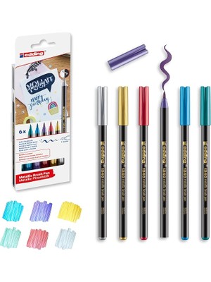 1340 Metalik Fırça Uçlu Keçeli Kalem, 6 Parlak Renkli Set, Esnek Fırça Ucu