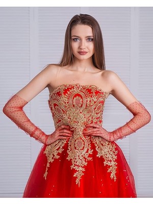 Vera Vtc Uzun Boy Kırmızı Puantiyeli Kırmızı Renk Yetişkin Tül Eldiven 55 cm 965874