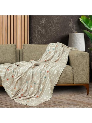 Boho Etnik Desenli Mikrofiber Koltuk Örtüsü ve Tv Battaniyesi, Koltuk Şalı, Kaymaz Bej 130X180 cm