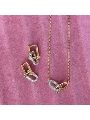 Marem Tiffanny Model Altın Gümüş Renkli Taşlı Kolye Küpe Seti