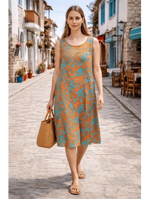 Evora Studio Dokuma Viskon Kolsuz Salaş Elbise – Altı Düz Yazlık Kadın Elbise