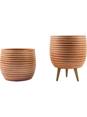 Tasarımı Ev Dekorasyon Yan Çizgi Desenli Toprak Saksı Saksılık Salon Çiçeklik Ikili Set Ayaksız - 3 Ayaklı- 19 cm