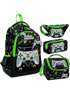 High Siyah Fosforlu Yeşil Gamer Desenli Erkek Çocuk Okul Beslenme Kalemlik ve Bel Çantası Seti - Ilkokul Için Uygun