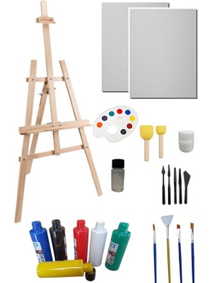 Doğal Seramik Hamuru Resim Başlangıç Seti -Büyük Şövale (Şövalye), 2 Tuval (Tual Seti), Ressam Resim Seti Karışık