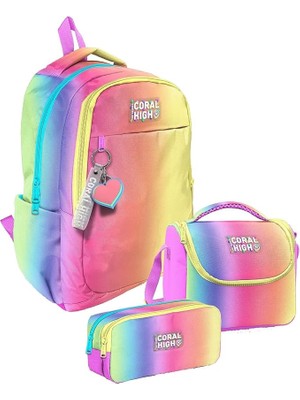 High Üç Bölmeli Kız Çocuk, Lacivert Mavi Çizgi Desenli, Ilkokul ve Ortaokul Üçlü Okul Çanta Seti