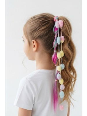 Renkli Boncuklu ve Saç Detaylı Çocuk Lastik Toka - Mavi Pembe Geçişli Atkuyruğu Aksesuarı