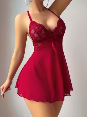 Ang Butik Kadın Kırmızı Sırtı Açık Transparan Fantezi Gecelik 2281