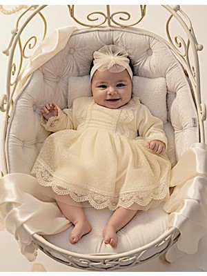 Tül Dantelli Yenidoğan %100 Pamuk Penye Kız Bebek Mevlüt Özel Gün Elbise Bandana Takım