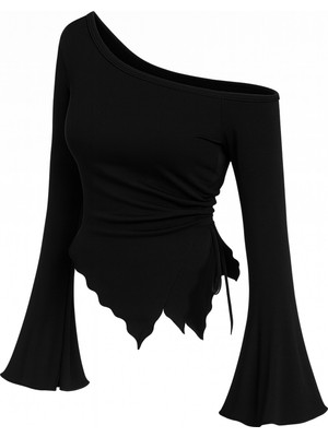 Ang Butik Kadın Siyah Uzun Ispanyol Kollu Asimetirik Yaka Yandan Bağlamalı Drapeli Bluz