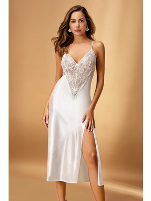 Ang Butik Nurteks 7136 Battal  Kadın Saten Uzun Gecelik