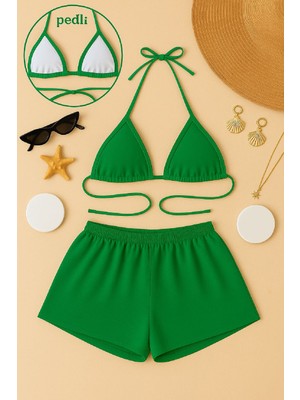Ang Butik Kadın Yeşil Şortlu Belden ve Boyundan Bağlamalı Bikini Takımı