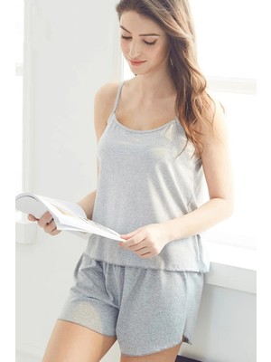 Ang Butik Kadın Gri Şortlu Penye Gecelik Takımı