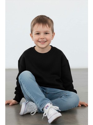 Evavi Çocuk Baskısız Düz Bisiklet Yaka Siyah Sweatshirt