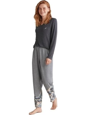 Ang Butik Nautıca W618 Kadın Patlı V Yaka Uzun Kollu Pijama Takımı