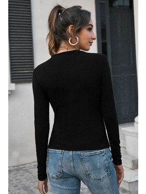 Ang Butik Kadın Siyah Uzun Kollu Fit Basic Crop Top Bluz