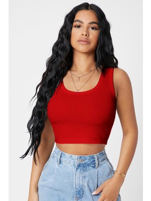 Ang Butik Kadın Kırmızı Kare Yaka Crop Top Bluz