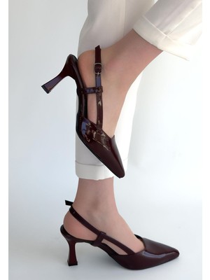 Alfaze Bordo Rugan Yanı Açık Sivri Burun Kemerli Topuklu Ayakkabı Topuk Boyu 7,5 cm