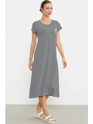 Ang Butik Sementa 77489 Nakış Detaylı Marine Penye Elbise