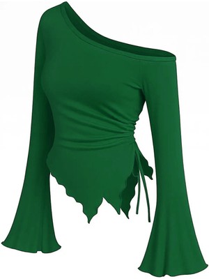 Ang Butik Kadın Yeşil Uzun Ispanyol Kollu Asimetirik Yaka Yandan Bağlamalı Drapeli Bluz