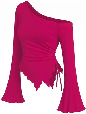 Ang Butik Kadın Fuşya Uzun Ispanyol Kollu Asimetirik Yaka Yandan Bağlamalı Drapeli Bluz