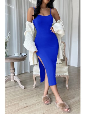 Ang Butik Kadın Mavi Yırtmaçlı Diz Altı Vücüdu Saran Gecelik