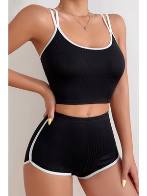 Ang Butik Kadın Siyah Beyaz Çapraz Lastik Detaylı Kaşkorse Şortlu Gecelik Takımı