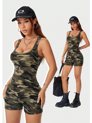 Ang Butik Kadın Kamuflaj Desenli Kalın Askılı Şortlu Tulum Gecelik