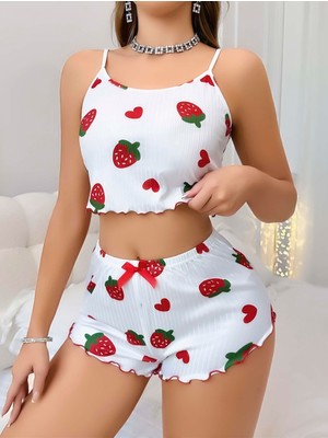 Ang Butik Kadın Beyaz Çilek Desenli Şortlu Pijama Takımı 5053