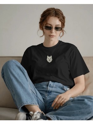 Muhtar Store Beyaz Husky Köpek Baskılı Unisex Oversize Tişört – Minimal Mavi Gözlü Husky Tasarım