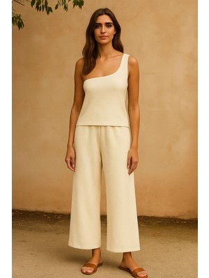 Ang Butik Kadın Beyaz Tek Omuzlu Şık Bluz & Geniş Paça Pantolon Ikili Takım