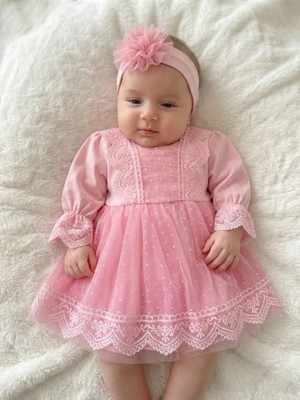 Tül Dantelli Yenidoğan %100 Pamuk Penye Kız Bebek Mevlüt Özel Gün Elbise Bandana Takım