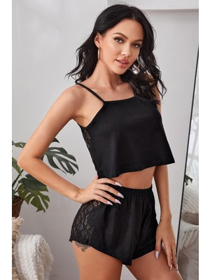 Ang Butik Kadın Siyah Arkası Komple Dantel Şortlu Gecelik Takım