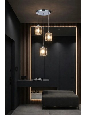 Aura Lighting Aura Lıghtıng 3'lü  Krom Tabut Cam Taşlı Sarkıt Modern Salon/mutfak/oda Avizesi