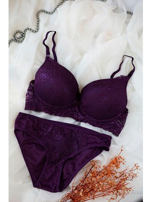 Ang Butik Kadın Mor Dolgulu Dantel Sütyen ve Külot Takım