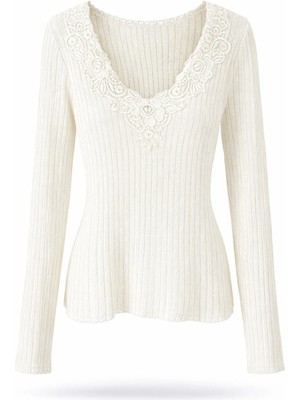 5in1Canpolat Ekru Dantelli V Yaka Merserize Triko 261034